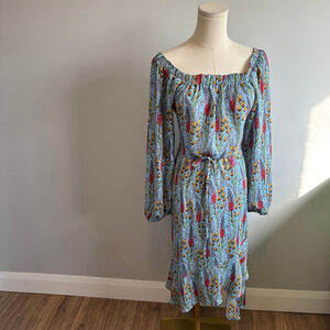 Blue Floral Women's Off The Shoulder Puff Sleeve Ruffle Hem Midi Dress, SZ M